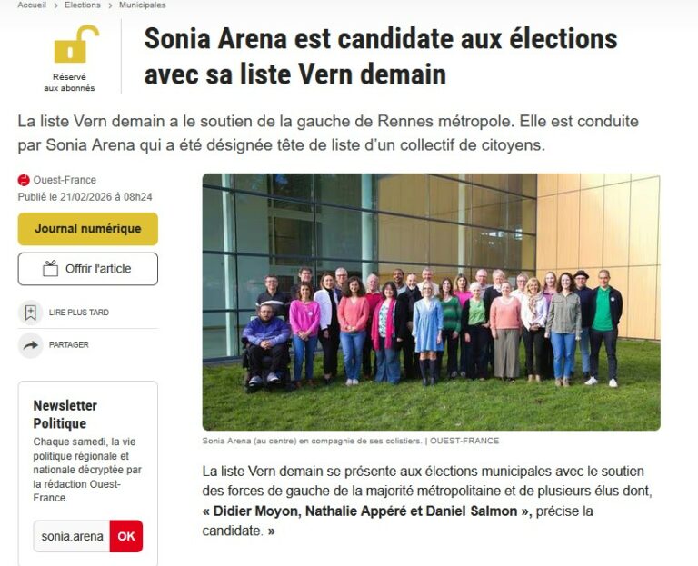 Sonia Aréna est candidate aux élections municipales à Vern-sur-Seiche, menée par la liste « Vern demain » pour le scrutin de mars 2026