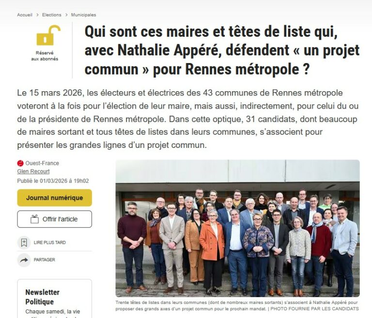 Dans les communes de Rennes Métropole,une trentaine de candidats portent un projet commun autour de Nathalie Appéré